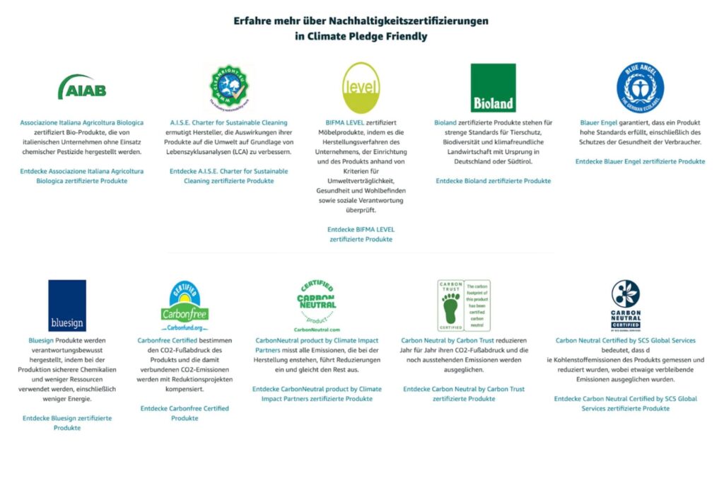 Amazon Climate Pledge Friendly Zertifizierungen